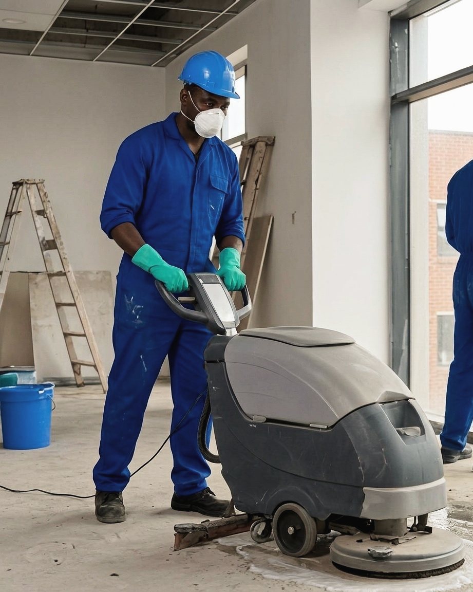 Cleaner in blue coveralls running a floor scrubber through a dusty renovated room